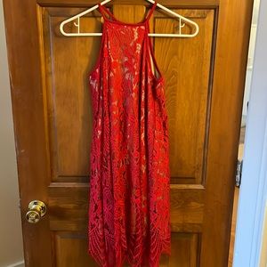 Red and nude lace minidress with halter top